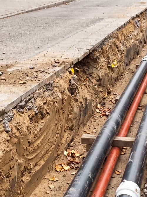 Excavadora de Conde, S.L. abriendo zanja para canalizaciones en Ferrol